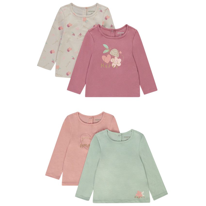 Lot de 4 t-shirts manches longues en jersey pour bébé fille - Fuchsia