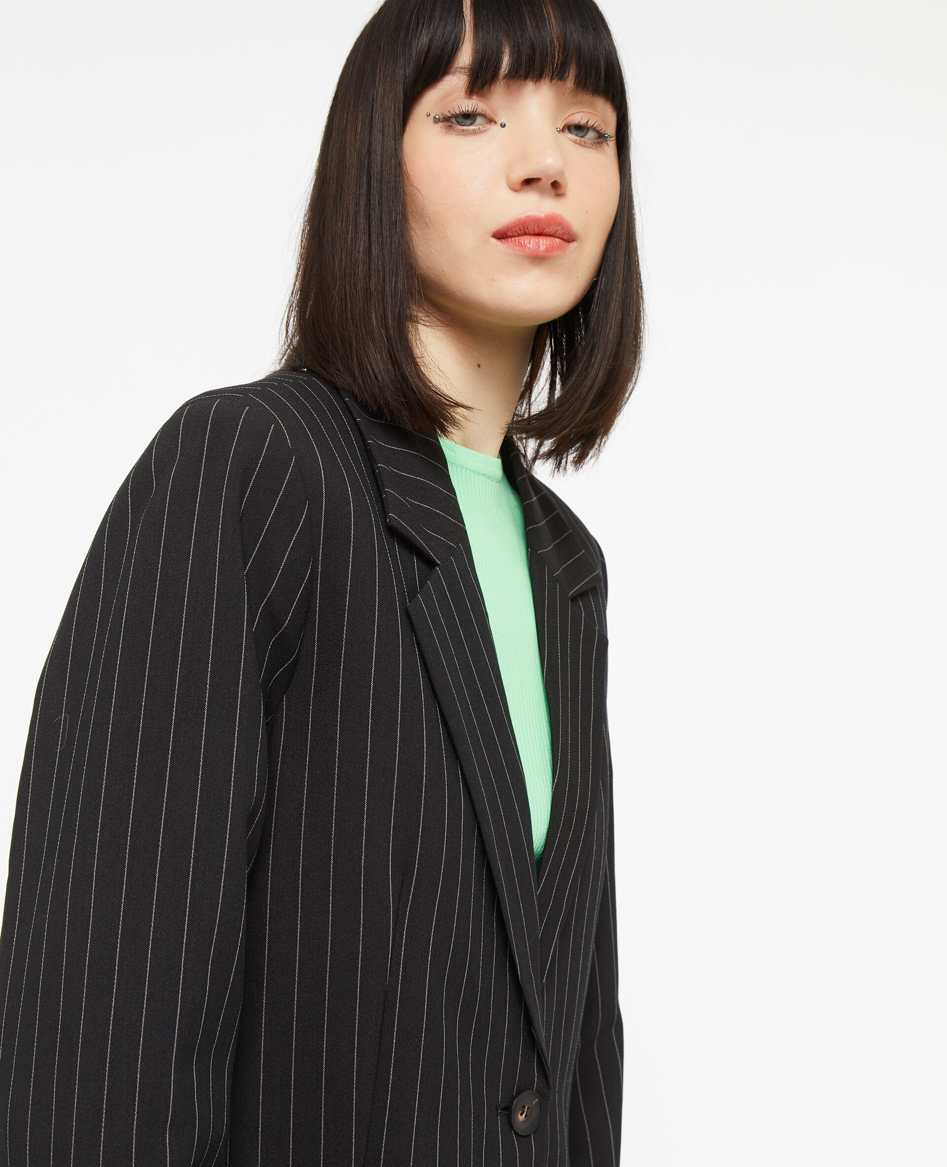 Veste blazer droite avec fines rayures - Noir