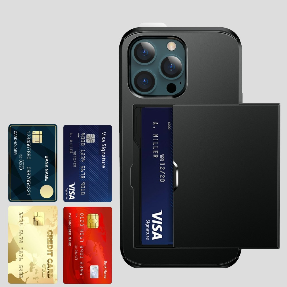 iPhone 13 Pro Hybrid Hardcase Hülle mit integriertem Karten Portemonnaie (aufschiebbar) - Schwarz