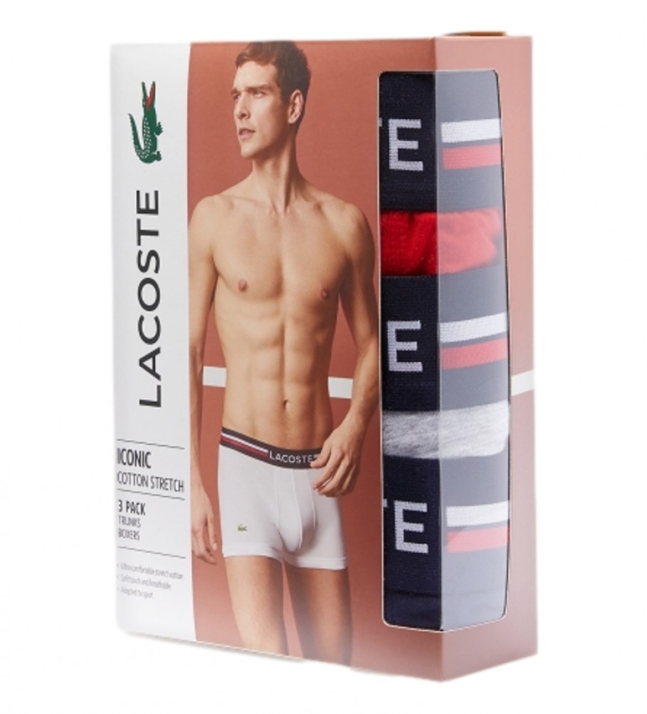 Conjunto de 3 cuecas boxer Lacoste nas cores vermelho, azul-marinho e cinza.