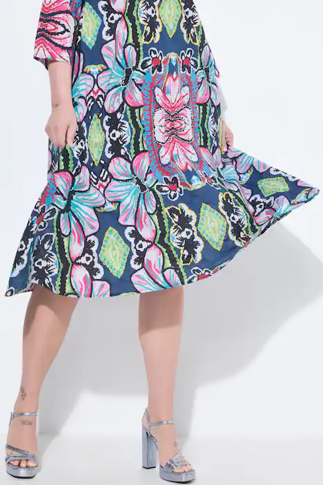 Midikleid, A-Linie, florales Muster, 3/4-Ärmel, dunkelblau
