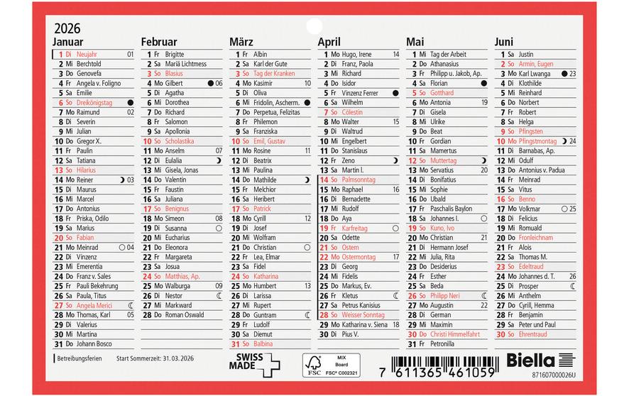 Tafelkalender 16.5 x 11.5 cm, 6 Monate pro SeiteWandkalender 2026