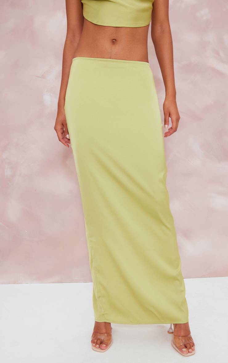 Chartreuse Jupe Longue Satinée Taille Mi-haute Ensemble Coordonné