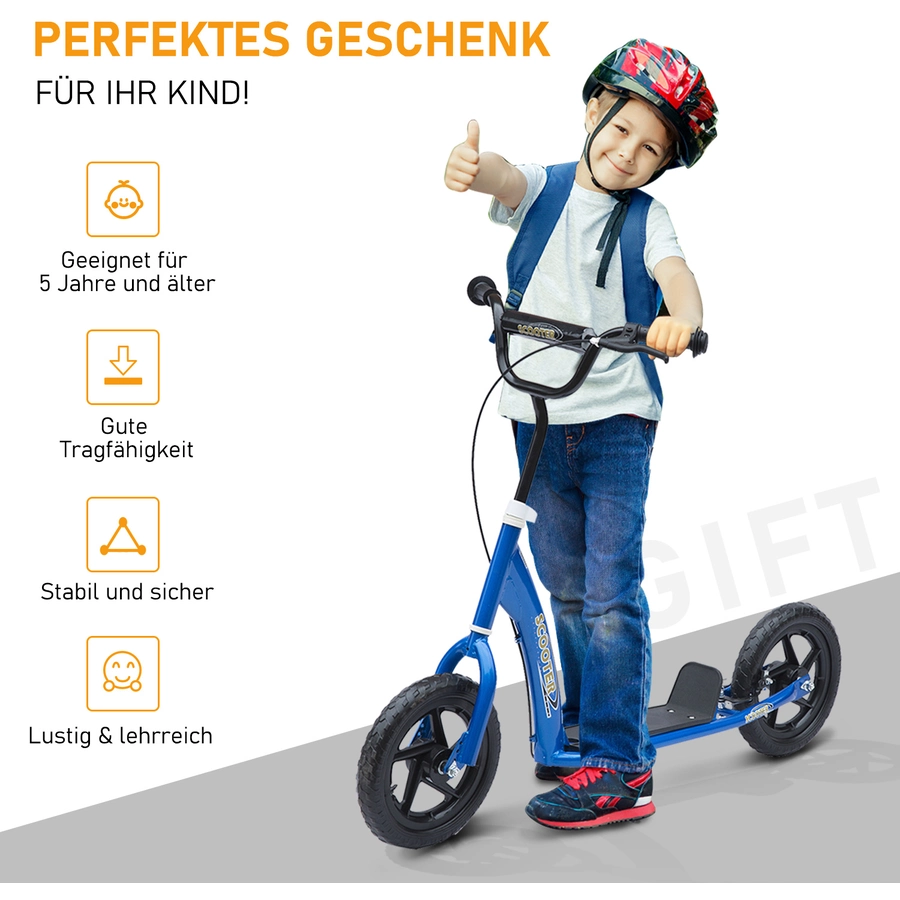 HOMCOM Kinderroller Anti-Rutsch Trittfläche, Metallfahrradständer zum Parken, blau