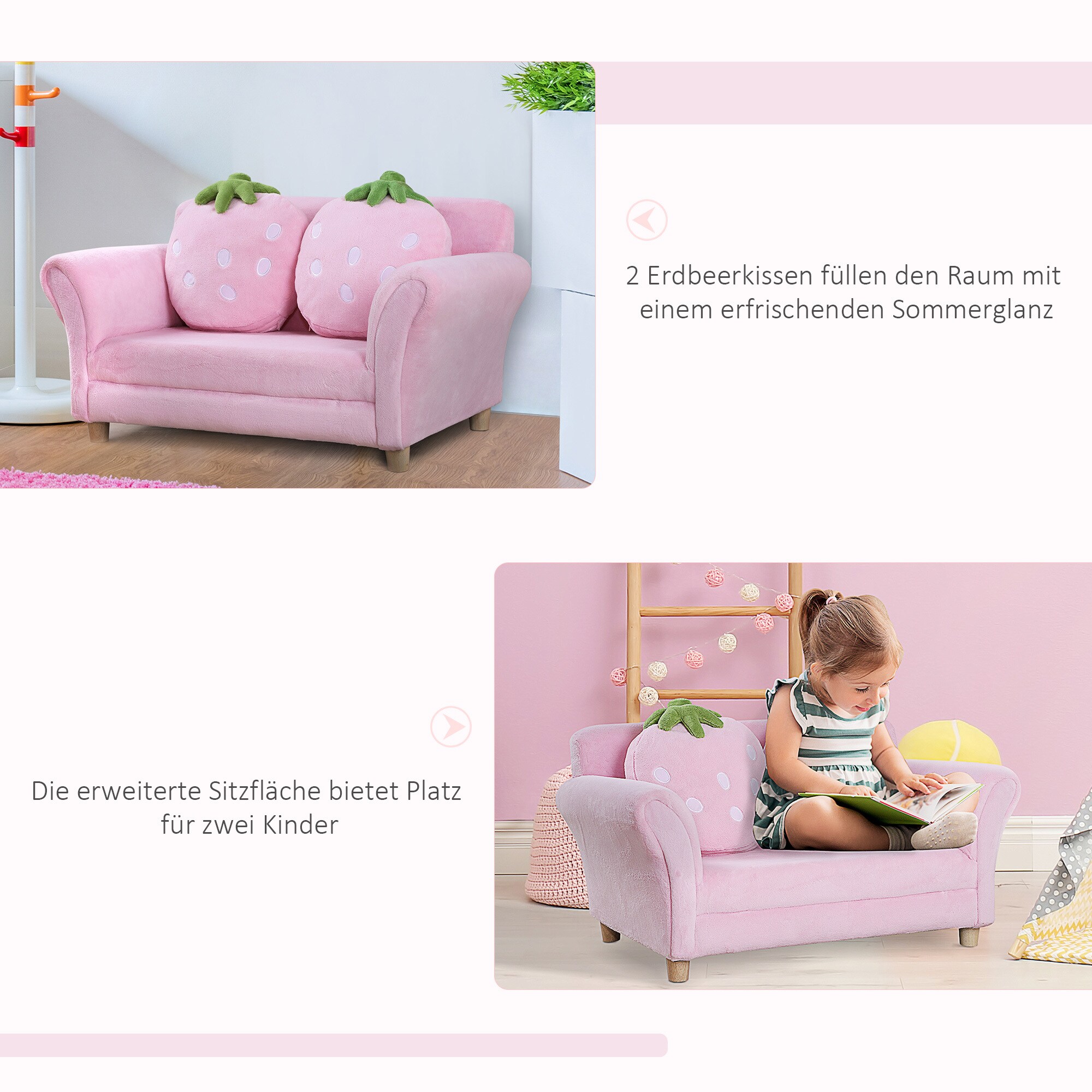 HOMCOM Kinder Erdbeersofa inklusive Kissen rosa, grün 90 x 50 x 43 cm (LxBxH)