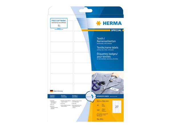 HERMA Special Name labels - Acetatsilke - fjernbart selv-adhesiv - hvit - 63.5 x 29.6 mm 540 etikett(er) (20 ark x 27) merkelapper
