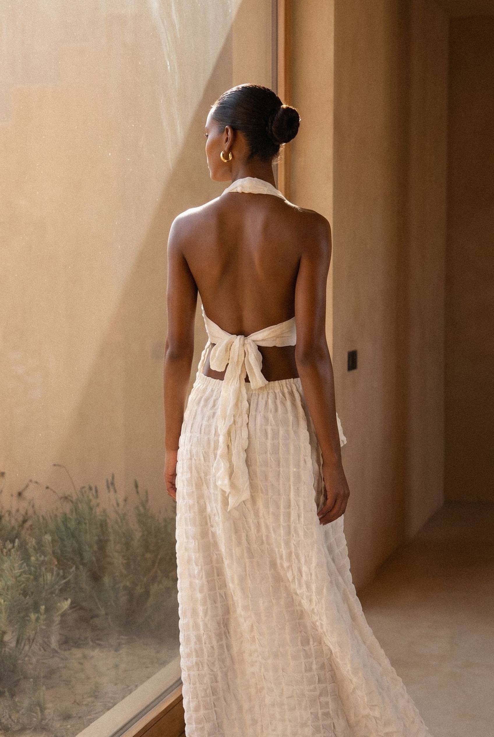 Crème Ensemble Haut Col Licou À Taille Nouée Et Texture Bullée
