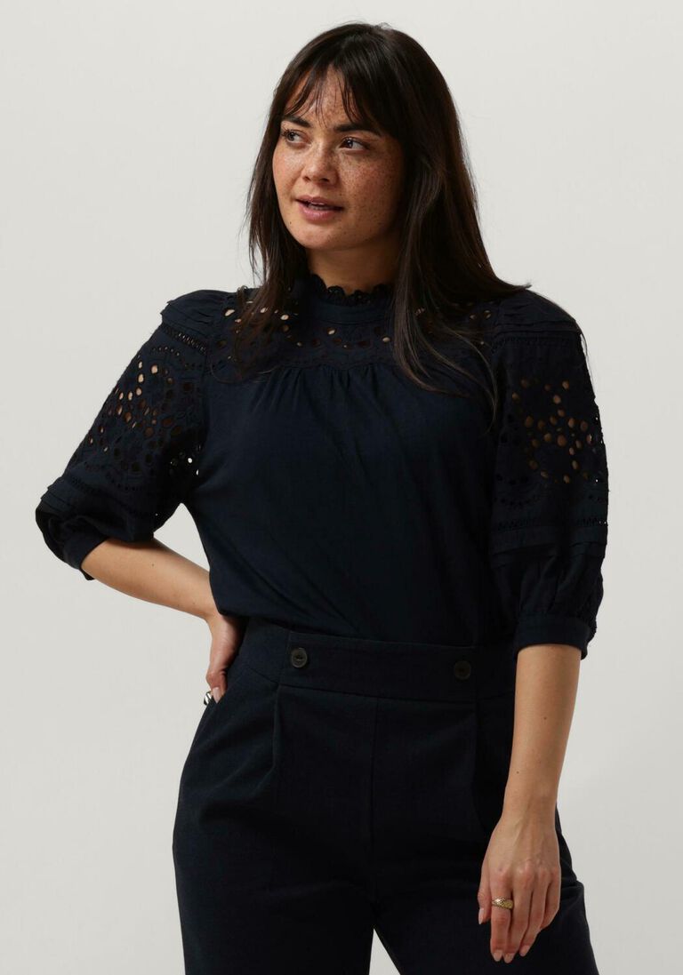 RUBY TUESDAY donkerblauwe ruby tuesday top salina half sleeves blouse with ruffle neck and embro details