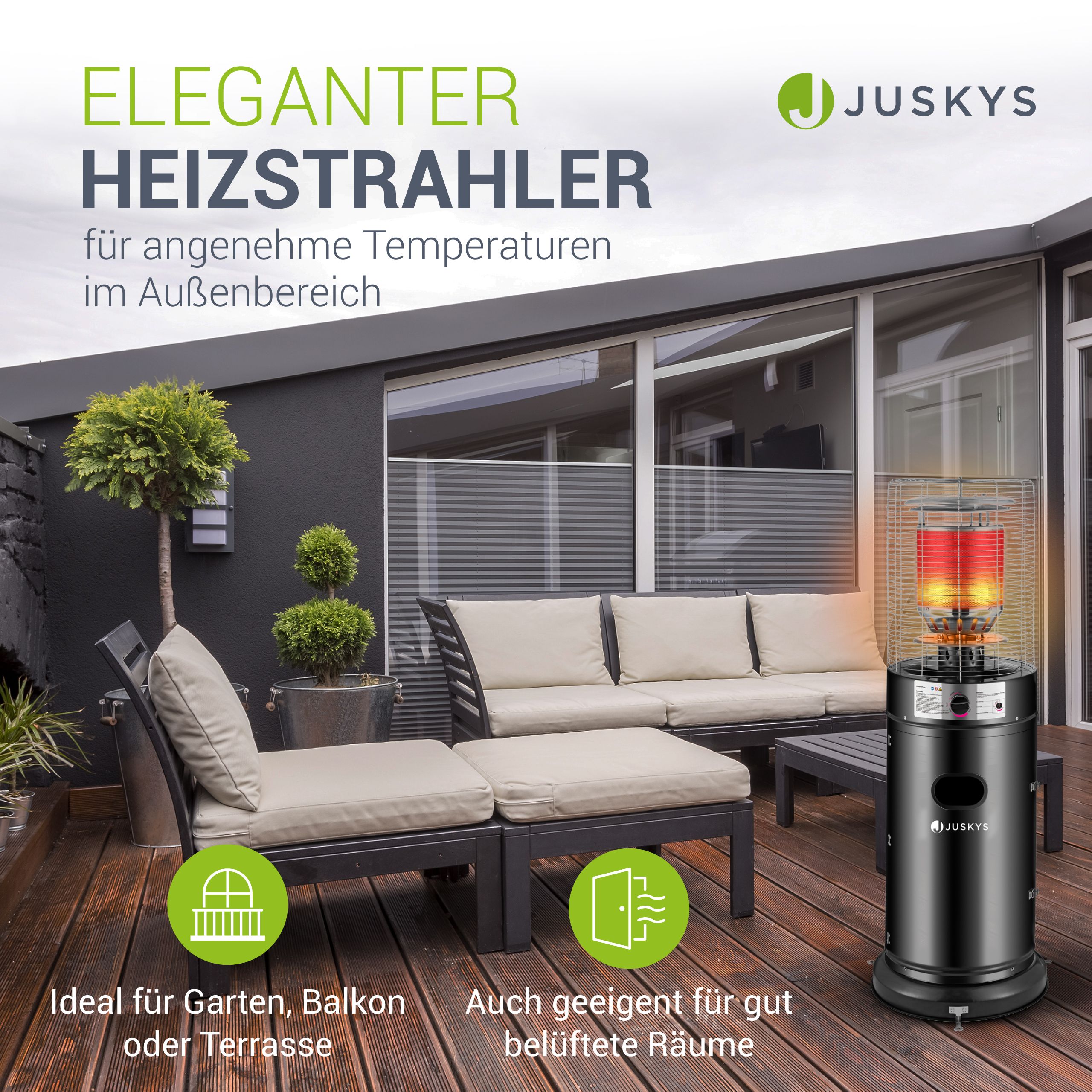 Juskys Outdoor Heizstrahler Cuna mit 11 kW Gas-Brenner, Heizpilz für Terrasse, Balkon und Garten