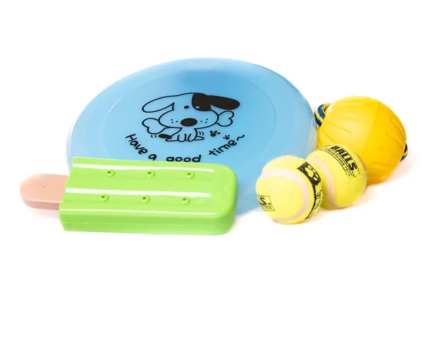 Hundelegetøj mix, 4 stk (frisbee, bold i snor, tennisbold, ispind)