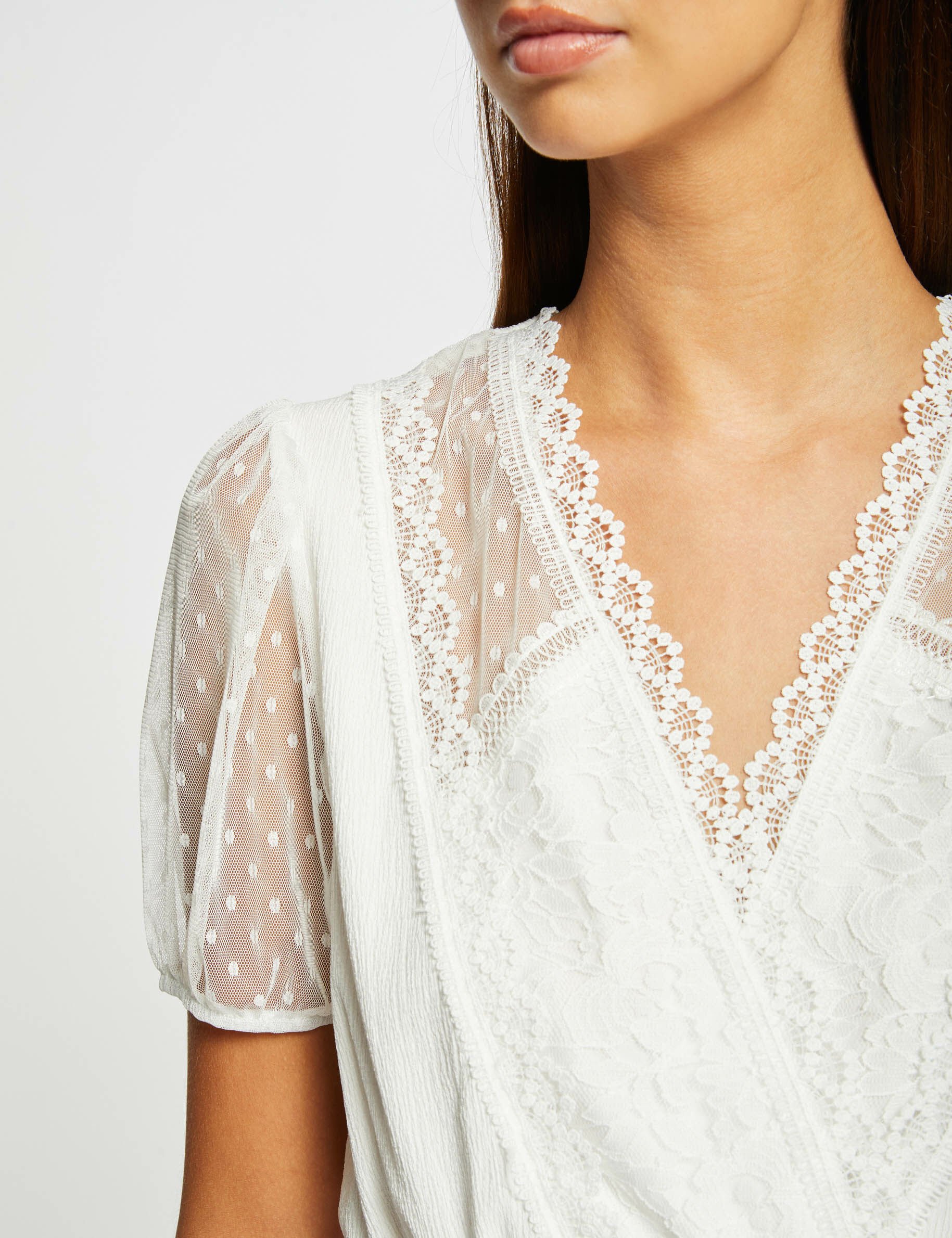 T-shirt manches courtes à dentelle ecru femme - ecru