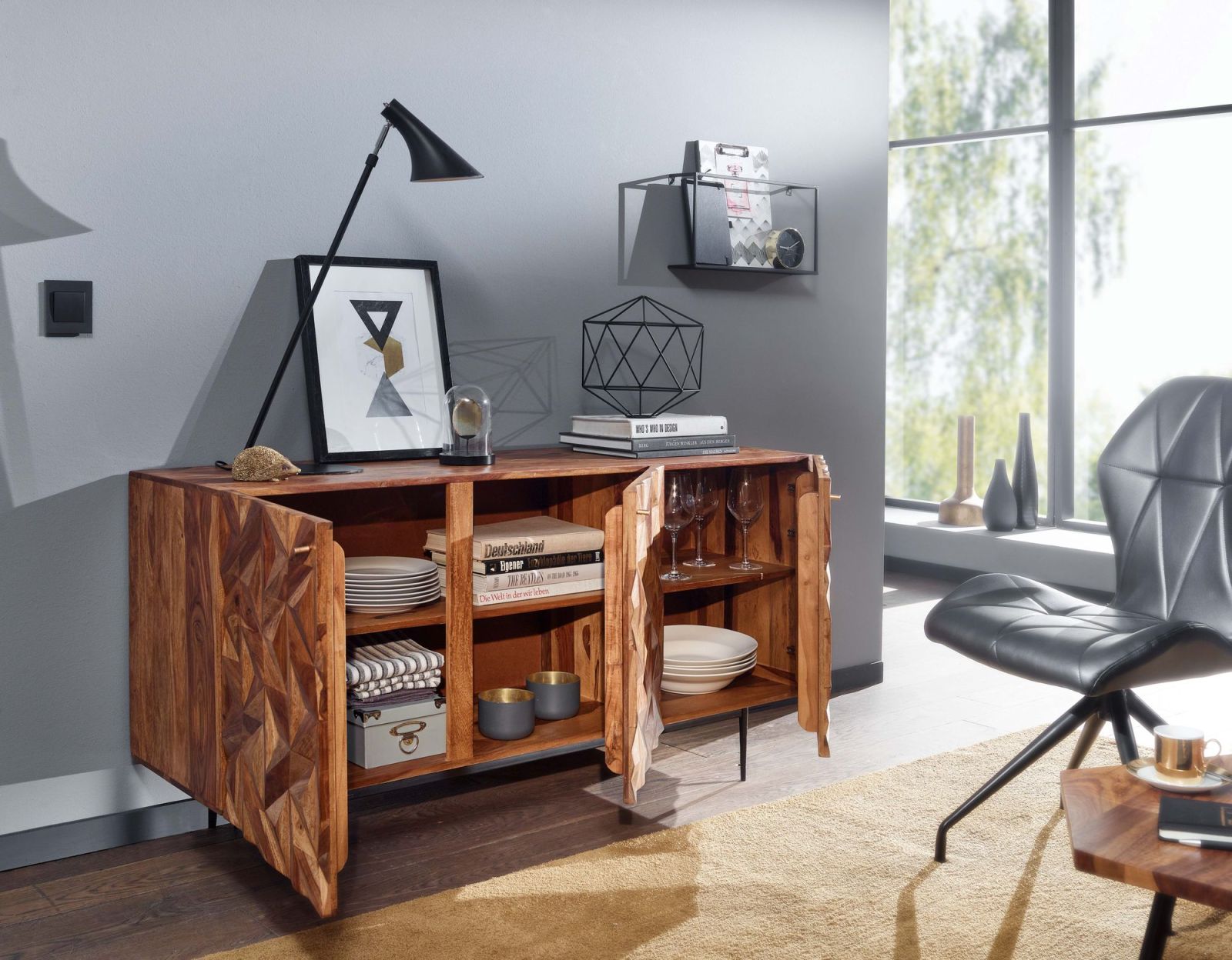Sideboard - Sheesham massiv - Füße schwarz - 144 cm breit