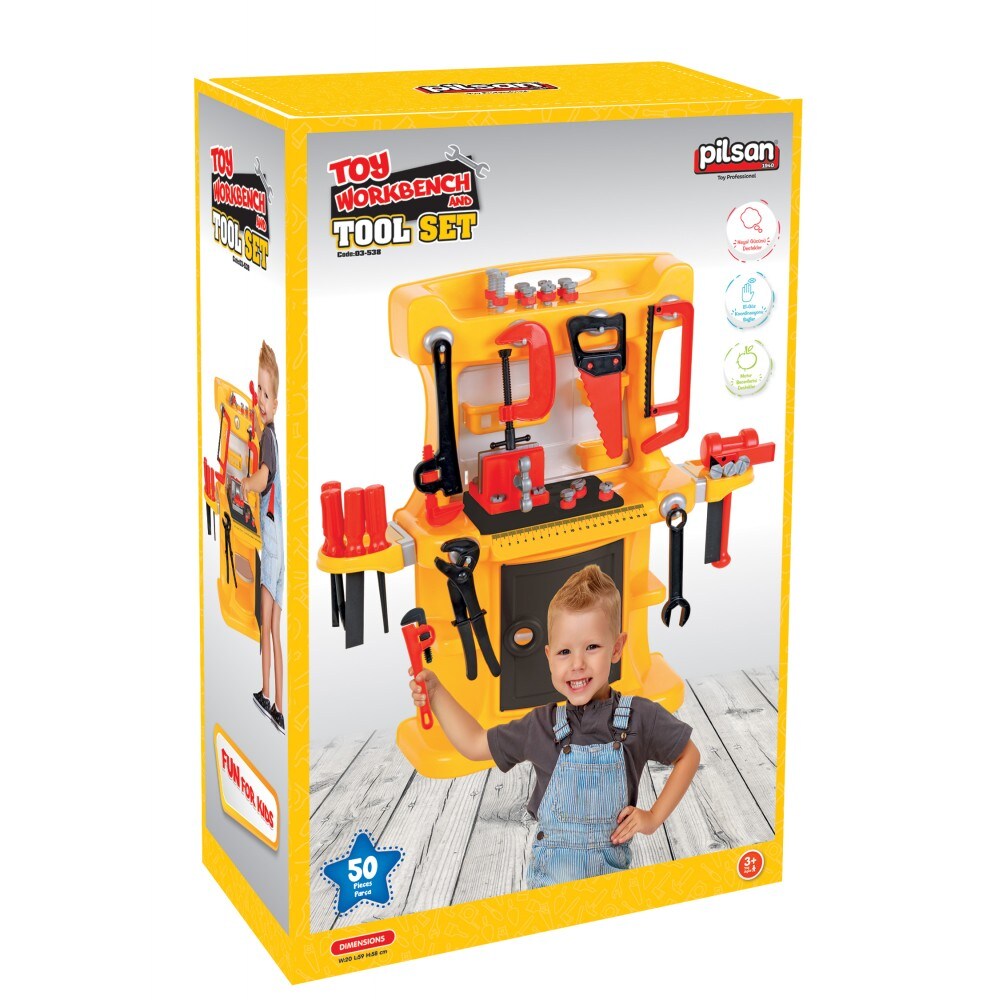 Pilsan Kinder-Werkbank Lux 03538 mit Kinderwerkzeug 50-teilig, Hammer, Schrauben gelb