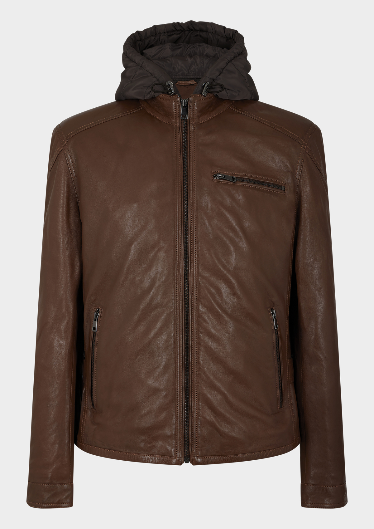 Blouson en cuir uni cognac à capuche amovible