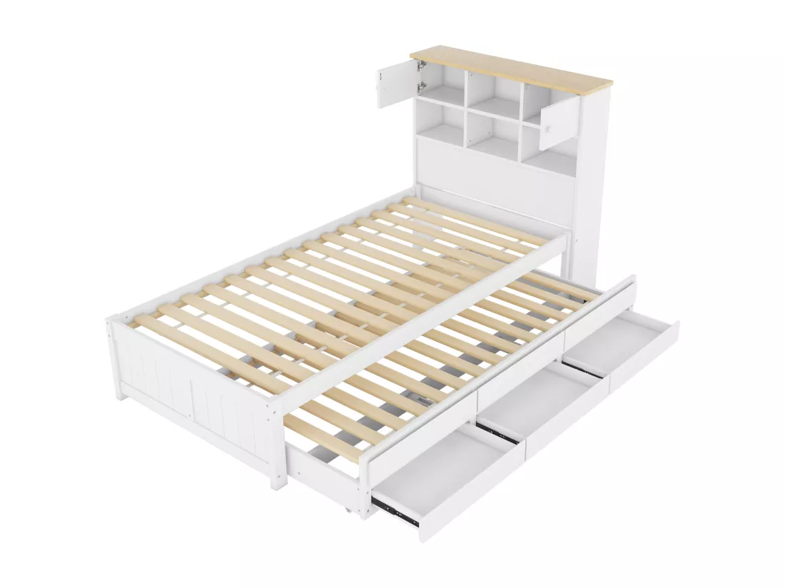 Lit gigogne avec rangements et 3 tiroirs - 90 x 200 et 90 x 190 cm - bois MDF - blanc - LOSIANA