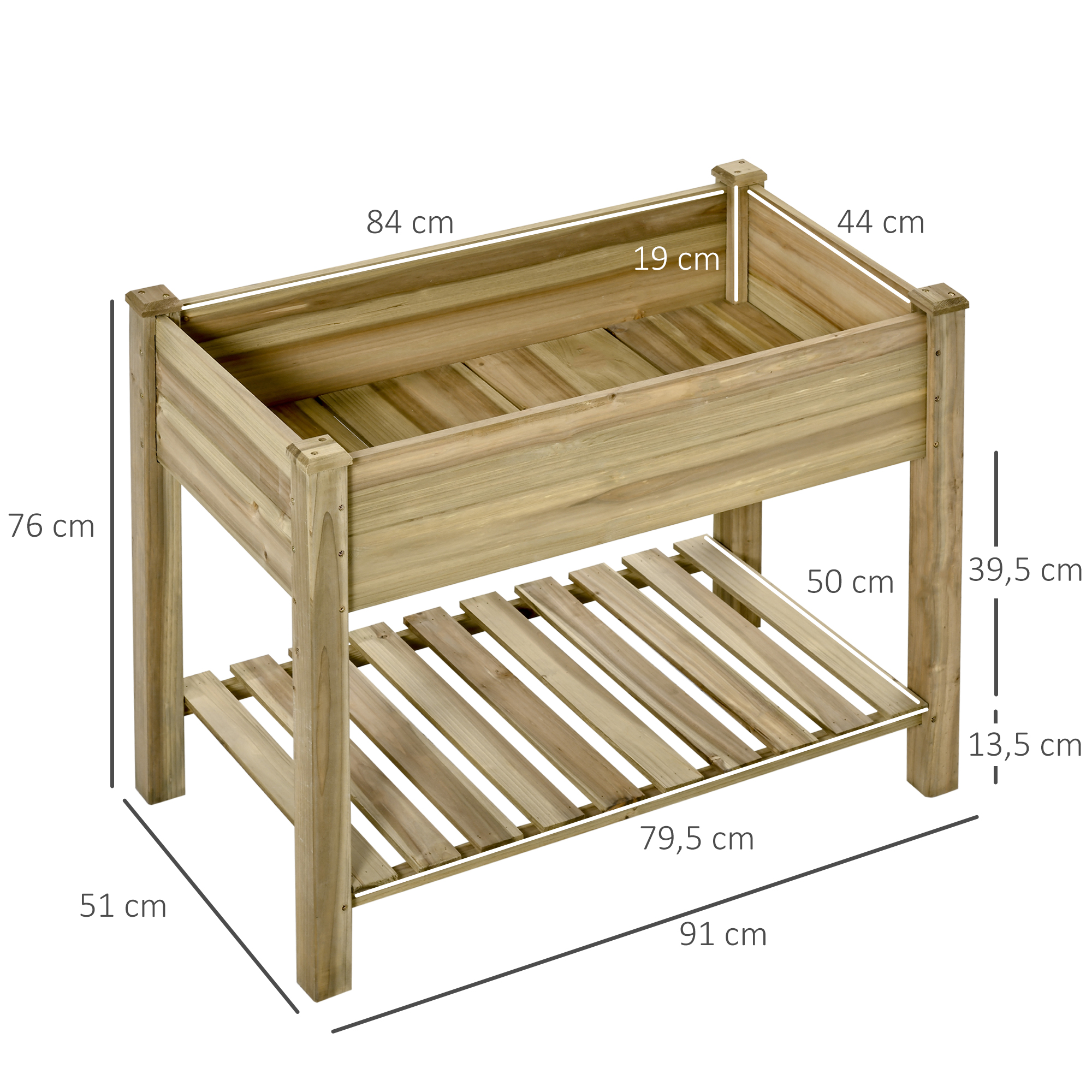 Mesa de cultivo retangular de madeira Outsunny Urban Garden com prateleira, 91x51x76 cm, com orifícios de drenagem para cultivo de plantas, ideal para jardins, terraços e áreas externas. Cor natural.