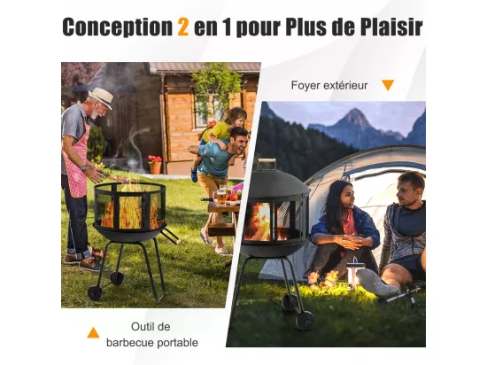 Brasero Exterieur de Jardin 108x57cm à 2 Portes avec Grille, Chauffage Foyer avec Roues Protection Contre Étincelles, Treillis Métallique Ventilation pour CamBoisg Barbecue