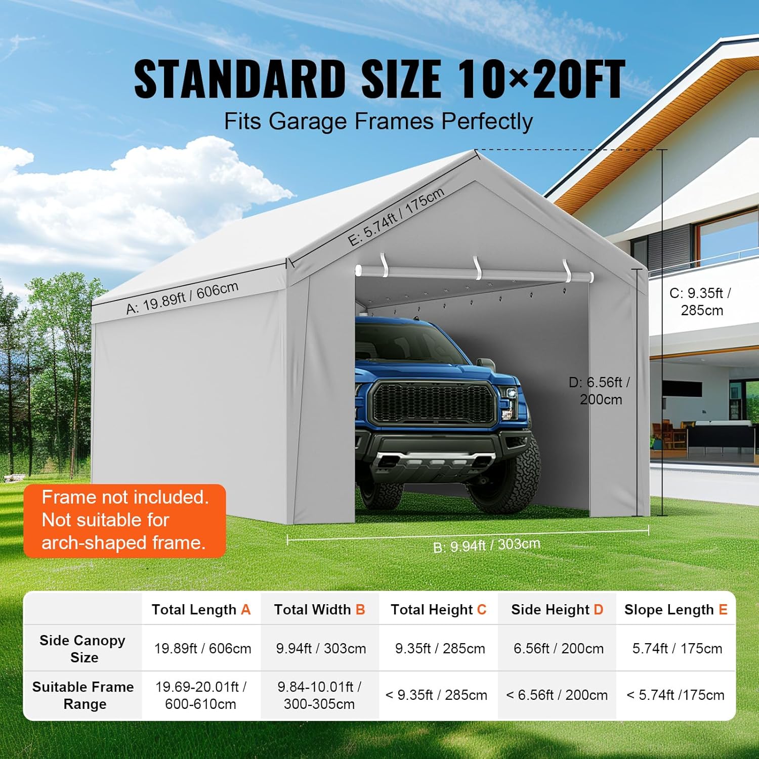 VEVOR Carport Garagezelt, Oben + Seitenwand 3 x 6 m, Garagenzelt-Unterstandplane, wasserdicht und UV-geschützt, einfache Installation mit Spanngurten, weiß (Rahmen Nicht im Lieferumfang enthalten)