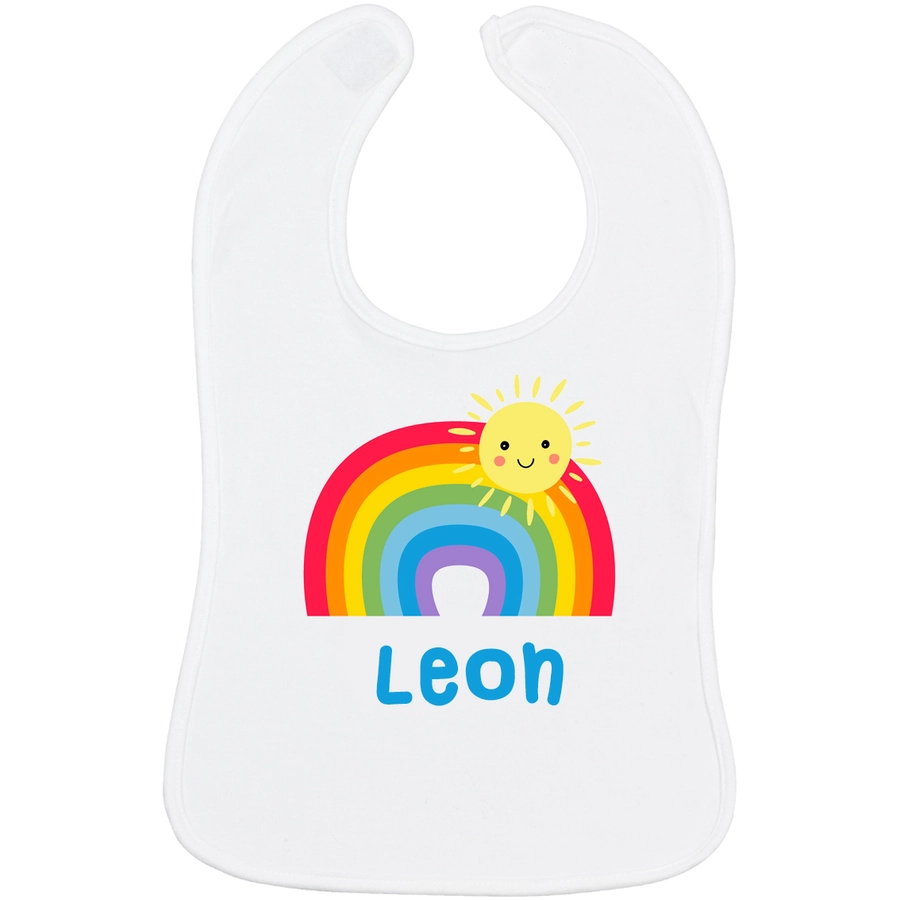 Schnullireich Baby Lätzchen mit Namen Bunter Regenbogen Weiß