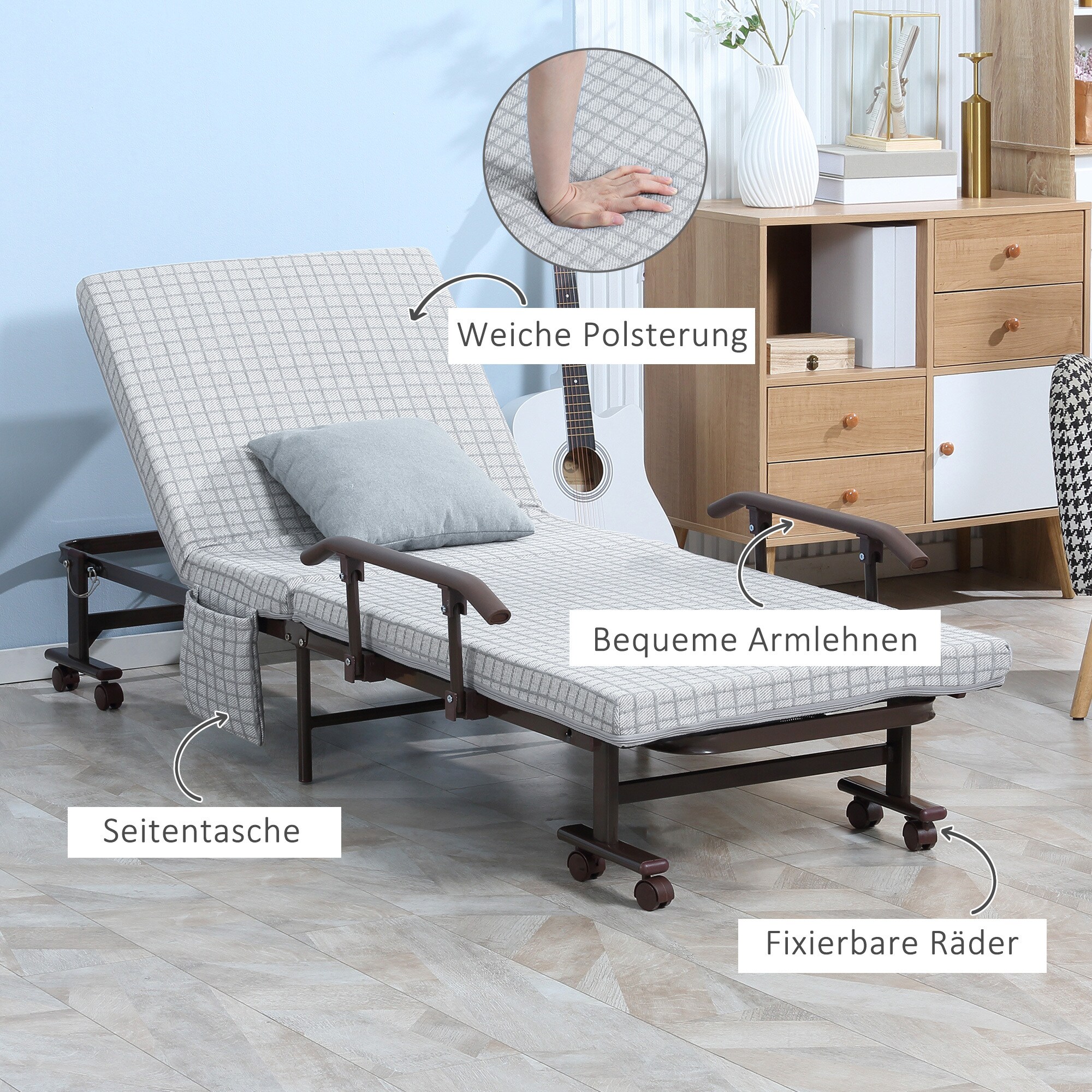 HOMCOM Klappbett mit Rollen grau 190L x 76B x 33H cm
