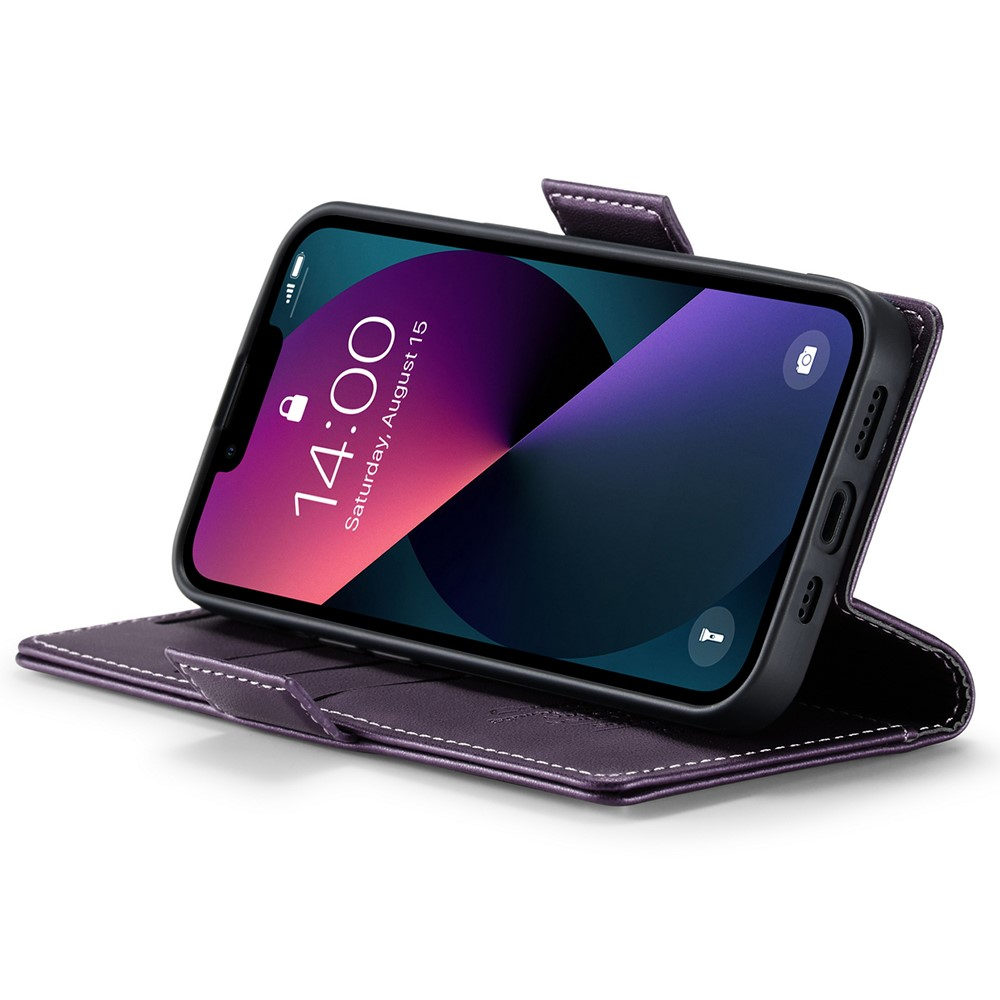 iPhone 15 Leder Tasche Flip Wallet Etui mit Kartenfächern Litchi Look (RFID Schutz) - Violett