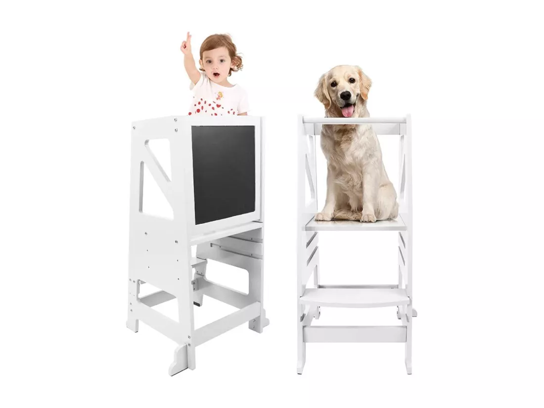 Tour d'apprentissage en Bois,Tour d'observation pour Enfants,Montessori Learning Tower,Réglable en hauteur Marchepied pour bébé avec Tableau Noir-Blanc