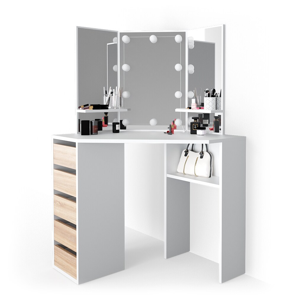 VICCO LED Eckschminktisch ARIELLE Kosmetiktisch Frisiertisch Weiß Eiche Kommode