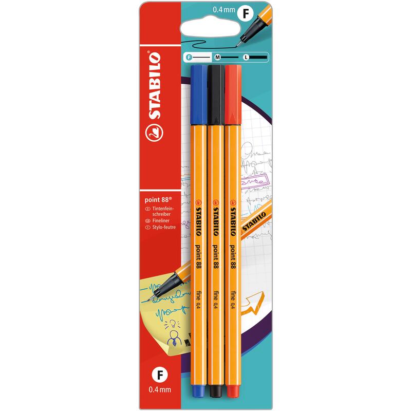 Stabilo Fineliner Point 88, 3 Stück, schwarz/blau/rot