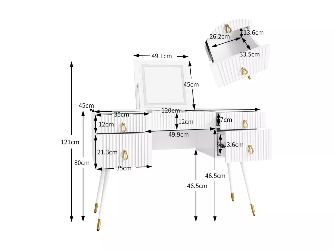 Coiffeuse - 4 tiroirs & miroir pliable à LED réglable - MDF - Blanc (tabouret non inclus)