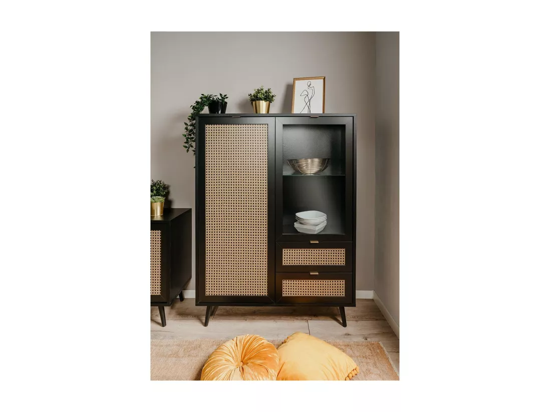 Vaisselier 2 Portes 2 Tiroirs Impression Cannage et Noir L101,4 x H139 cm - VILLA