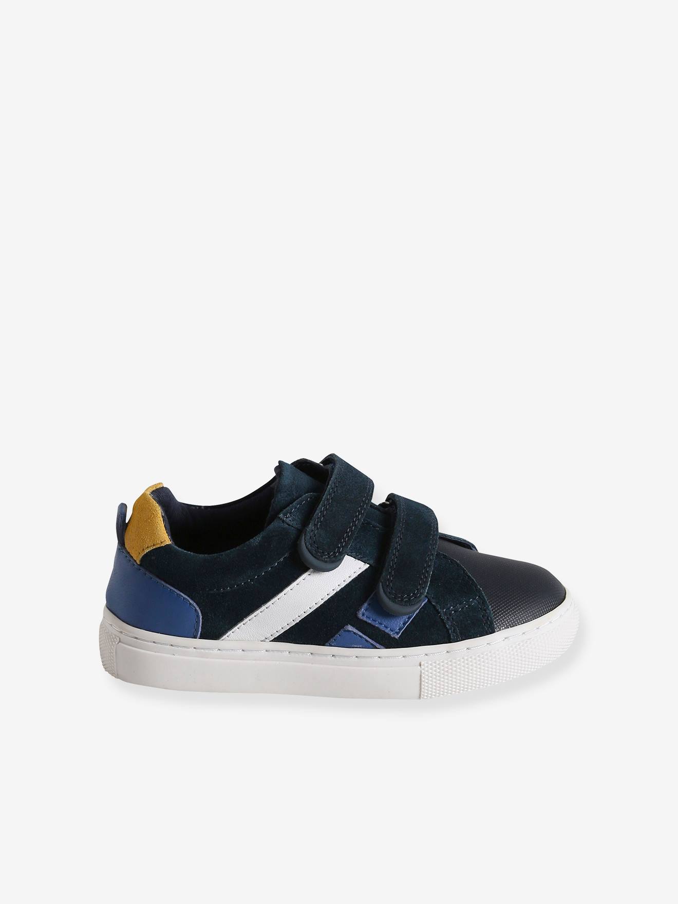 Tênis de couro com fecho de velcro para meninos, modelo especial com design autônomo azul marinho.