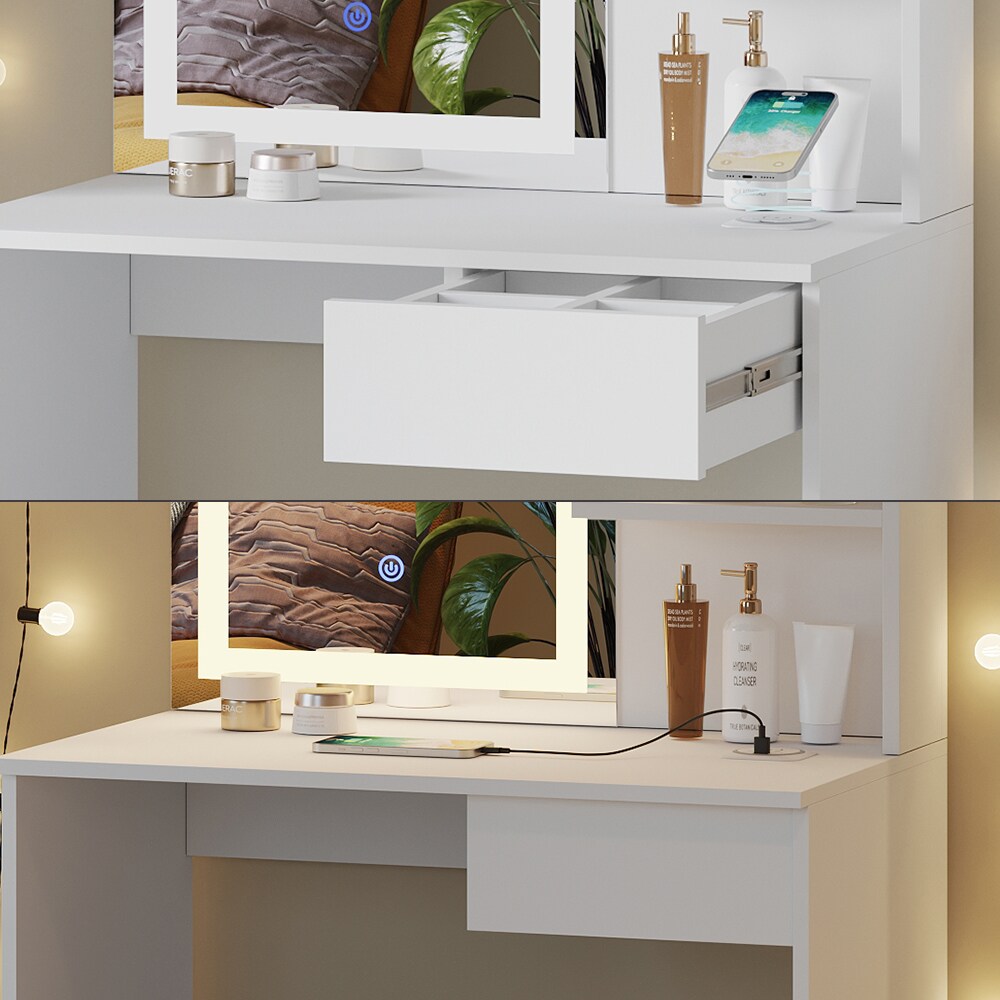 Vicco Schminktisch Dekos Weiß 75 cm mit LED-Spiegel QI-Ladestation und Bank