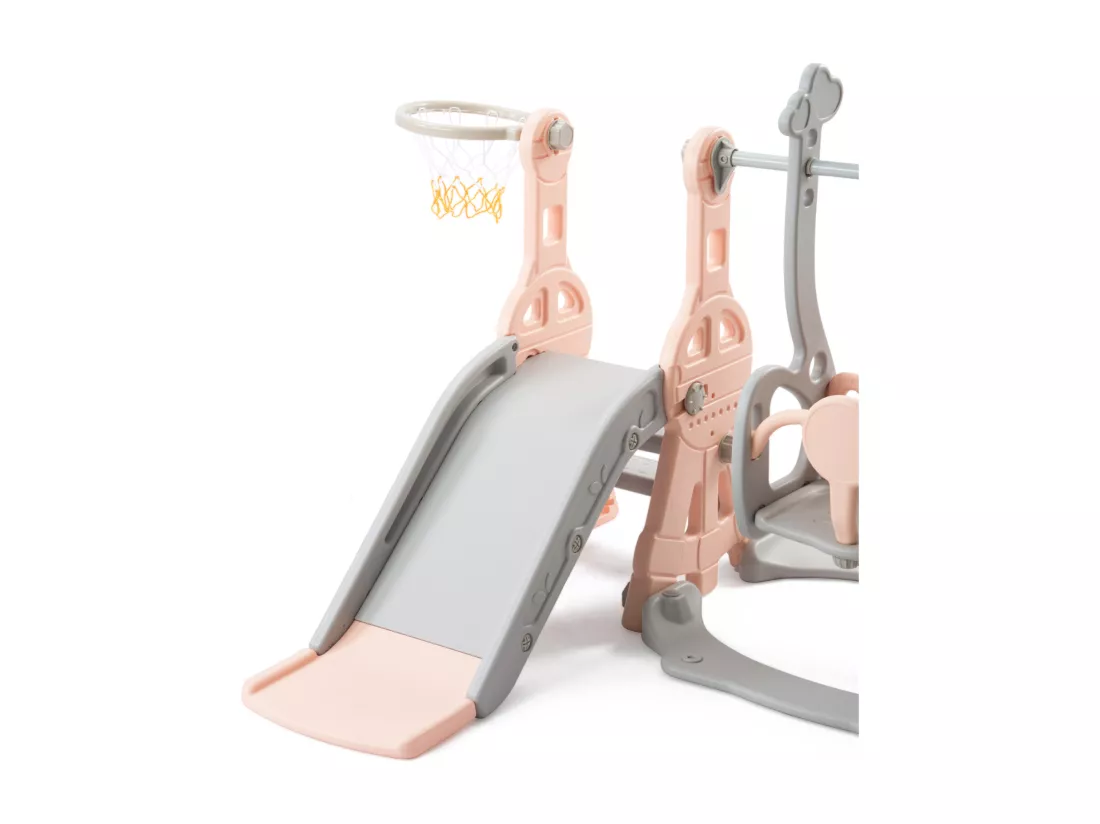 Toboggan pour enfants 4 en 1 avec support de basket, échelle d'escalade, balançoire de jardin,Rose+Gris