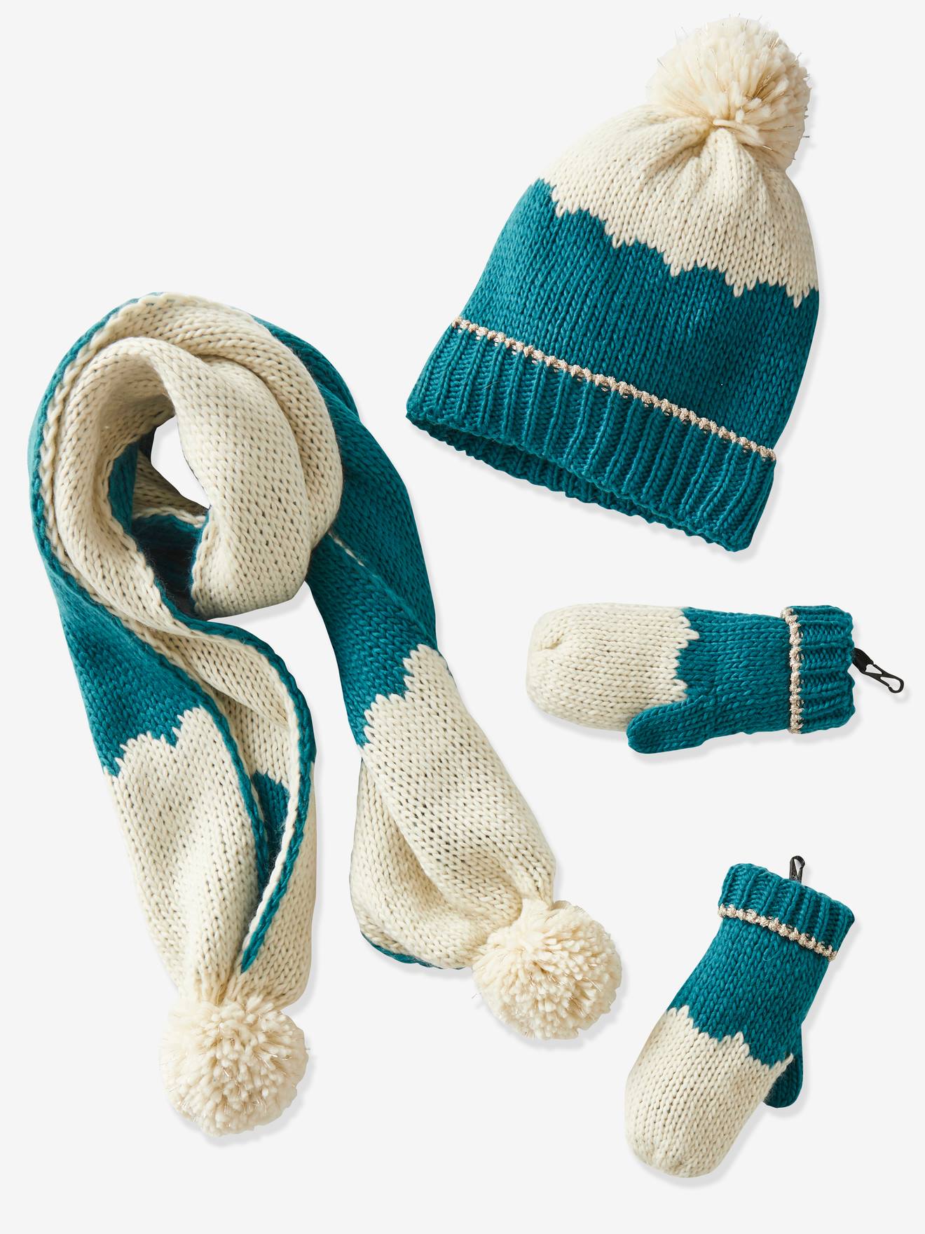 Conjunto de gorro, cachecol e luvas para menina, azul médio liso com estampas, certificado Oeko Tex®.