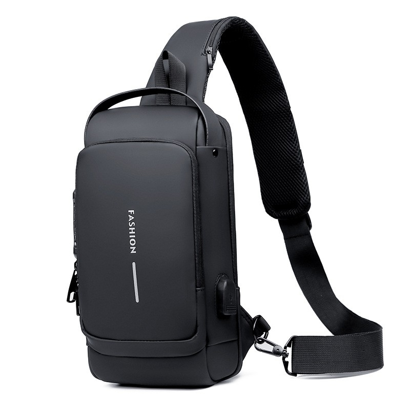 (34x15x9cm) Wasserabweisende Outdoor Schultertasche Anti-Theft Crossbody Bag mit Sicherheitsschloss und USB Port - Schwarz