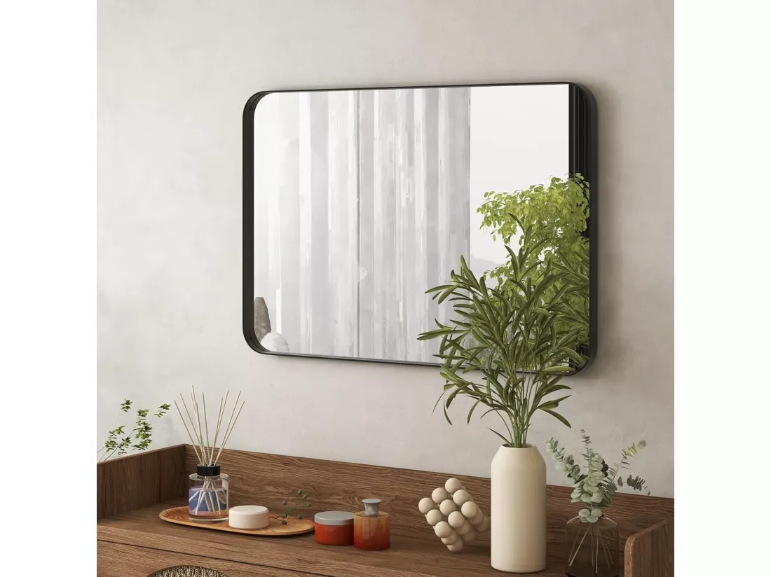 Miroir mural de salle de bain 51 x 81 cm, cadre en métal et coins arrondis, noir