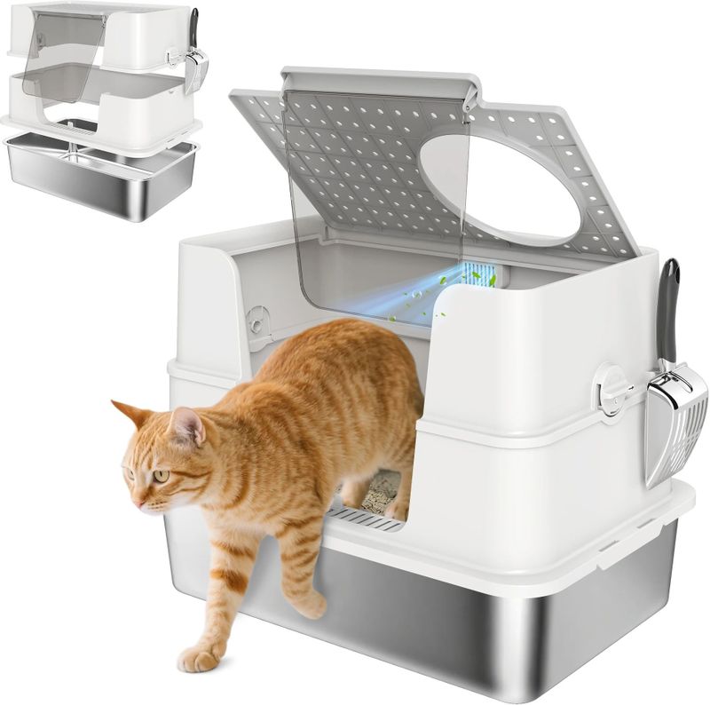 Pawhut roestvrijstalen kattenbak XL grote kattenbak kattenbak met klapdeksel hoge zijden boventoegang geurvrij schep gemakkelijk schoon te maken anti-lek lichtgrijs