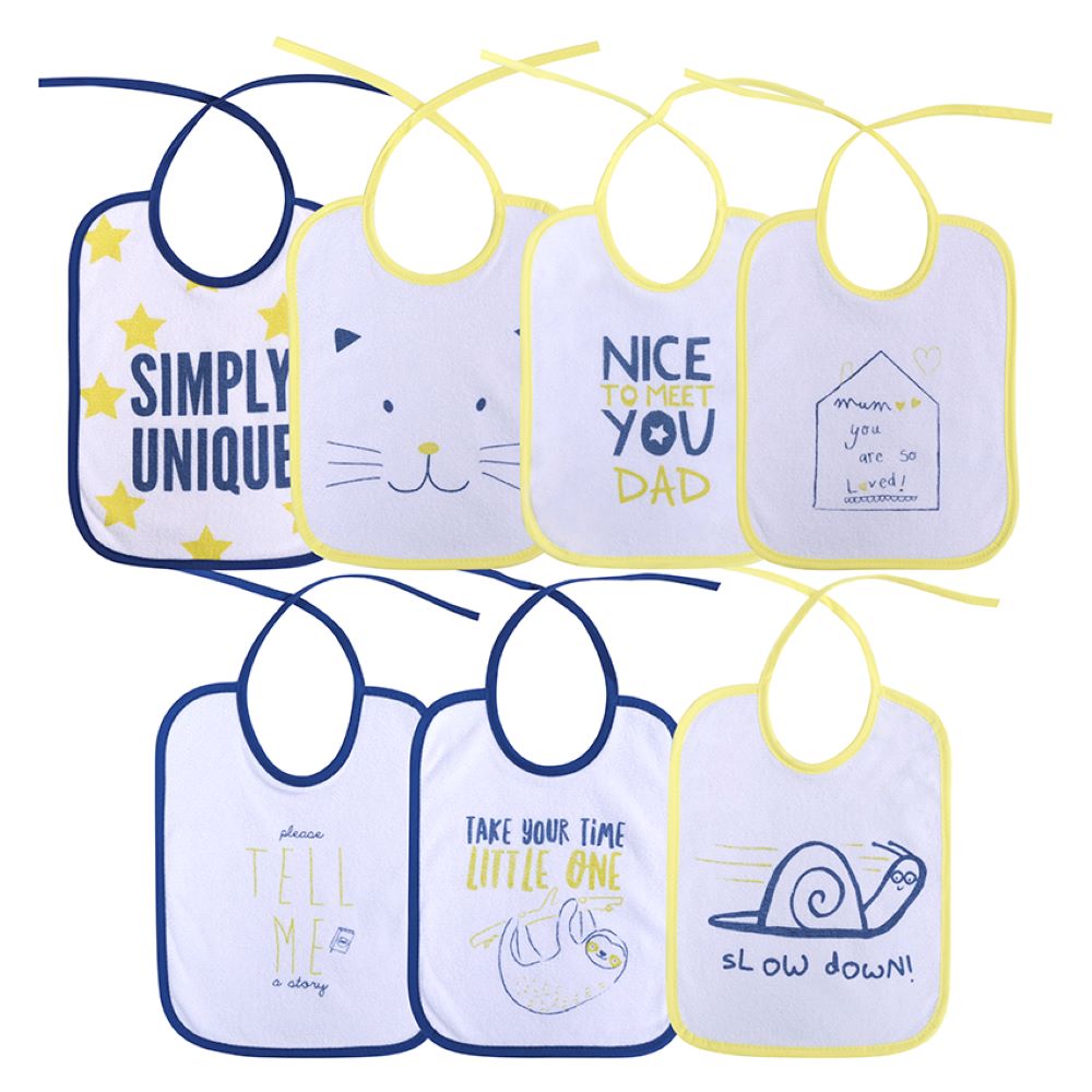 Baby Care Babylatz 7-teiliges Set, zweilagig, waschbar, Bindebänder, ab Geburt blau
