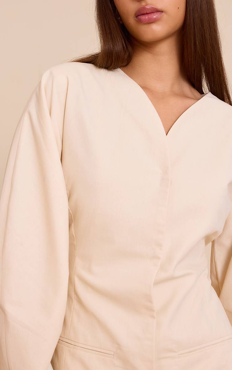 Naturel Robe Blazer Sans Col En Tissu Tissé À Manches Ballon