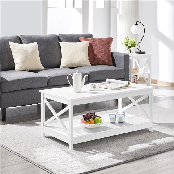 Yaheetech Couchtisch, Sofatisch 2 Etagen X-Form Beistelltisch Kaffeetisch für Wohnzimmer Balkon Flur, Weiß