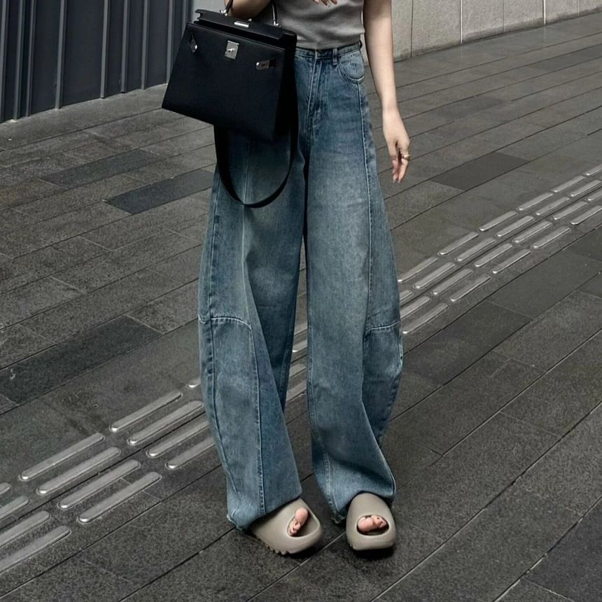 Coline - High Rise Washed Frayed Wide Leg Jeans