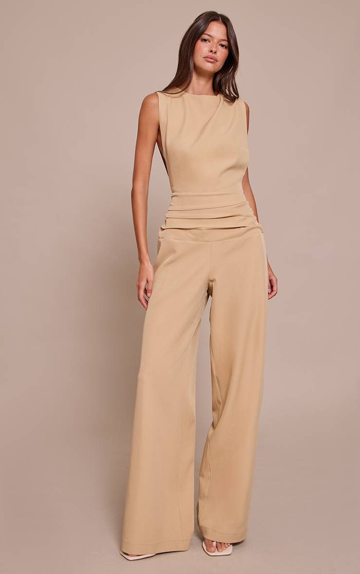 Kaki Combinaison Pantalon Large En Tissu Tissé Col Rond Avec Détails Froncés