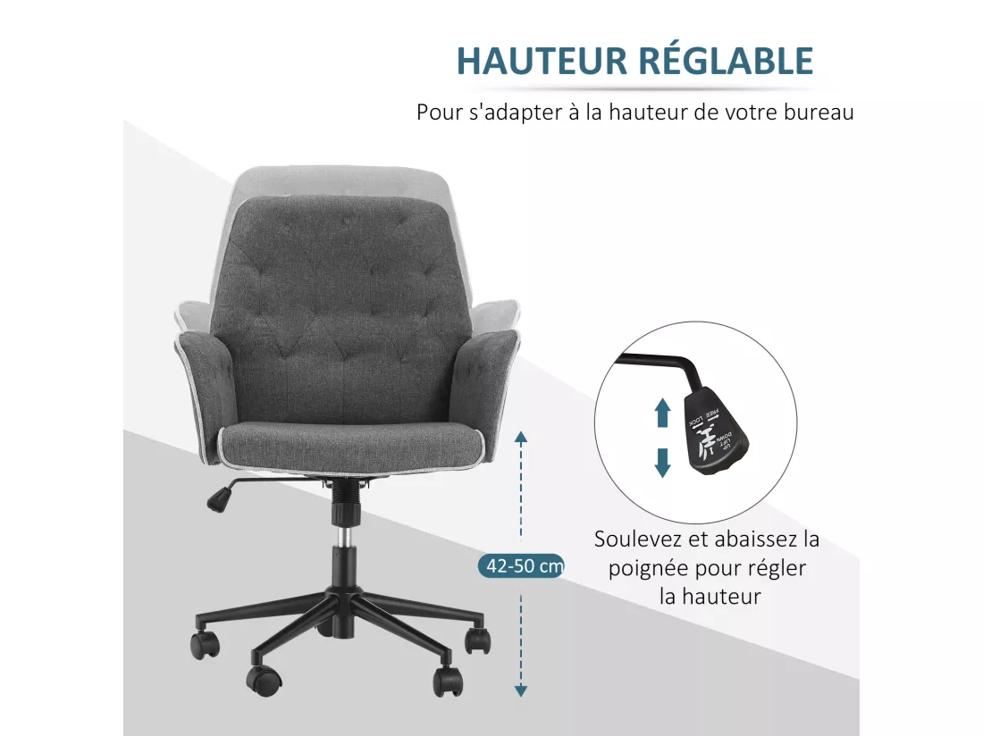 Fauteuil de bureau chaise de bureau hauteur réglable roulettes pivotant 360° tissu chanvre 69L x 66l x 89,5-97H cm gris chiné