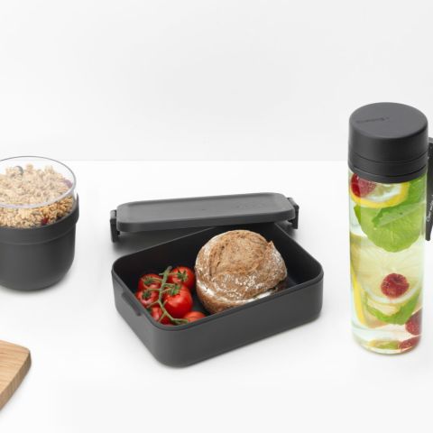 Make & Take Ontbijt- en Lunchset 3-delig, kunststof (waterfles met zeef, ontbijtkom 0,5 liter, lunchbox medium) - Dark Grey
