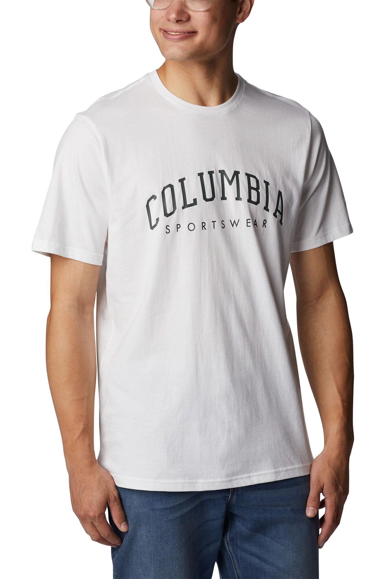 Camiseta masculina Columbia Rockaway River™ de manga curta com estampa em fundo branco.