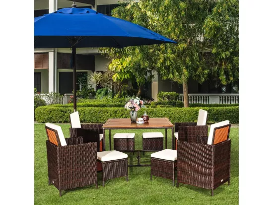 Salon de Jardin 9 Pièces, Ensemble Meuble de Terrasse avec Coussins et Repose-Pieds et Table en Rotin et fibre naturelle PE pour Véranda, Patio, Jardin, Terrasse, Piscine(Blanc)
