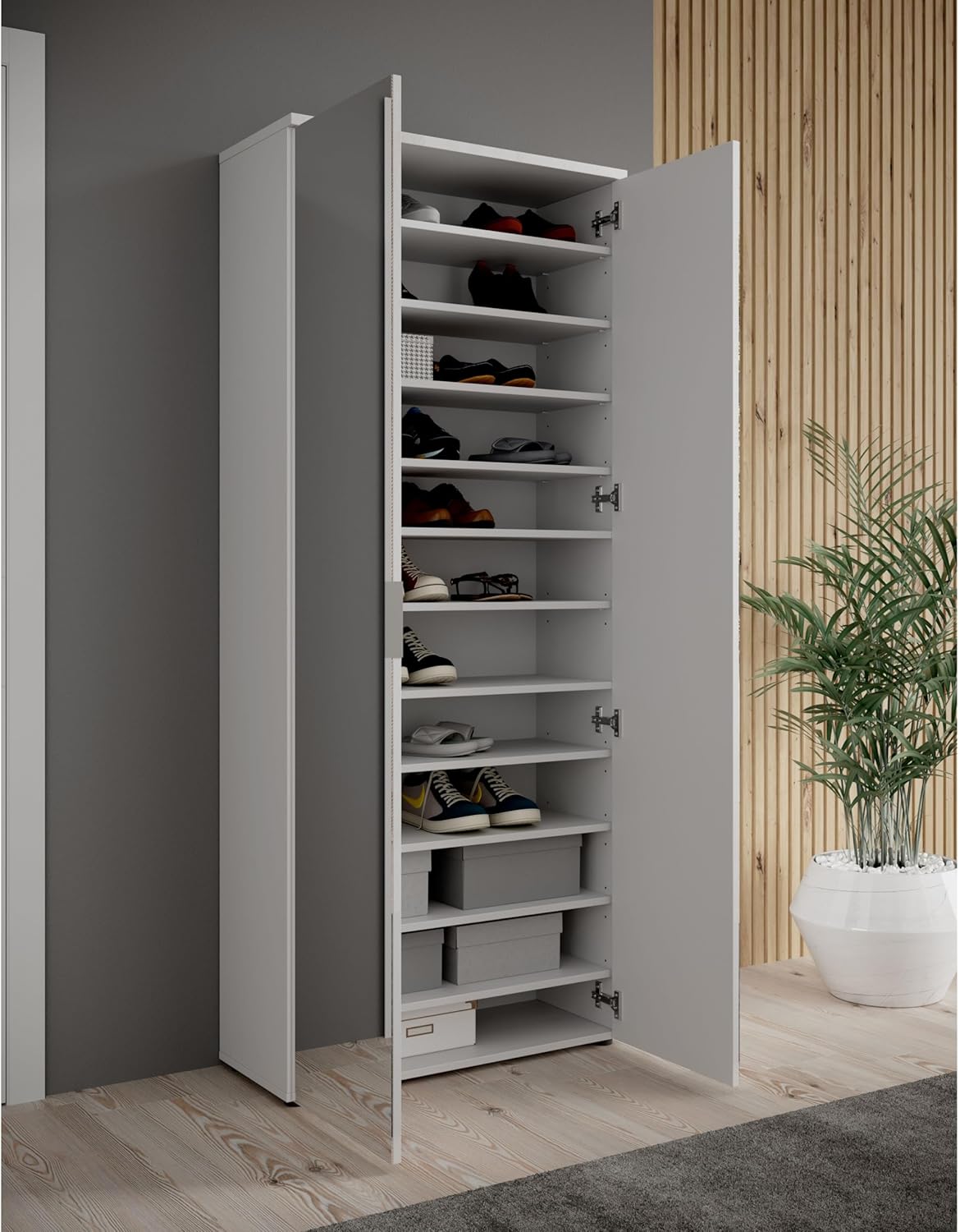 LINCOLN Schuhschrank hoch mit Spiegeltüren, Weiß - Vielseitiger Mehrzweckschrank mit 11 verstellbaren Einlegeböden - 80 x 190 x 35 cm (B/H/T)