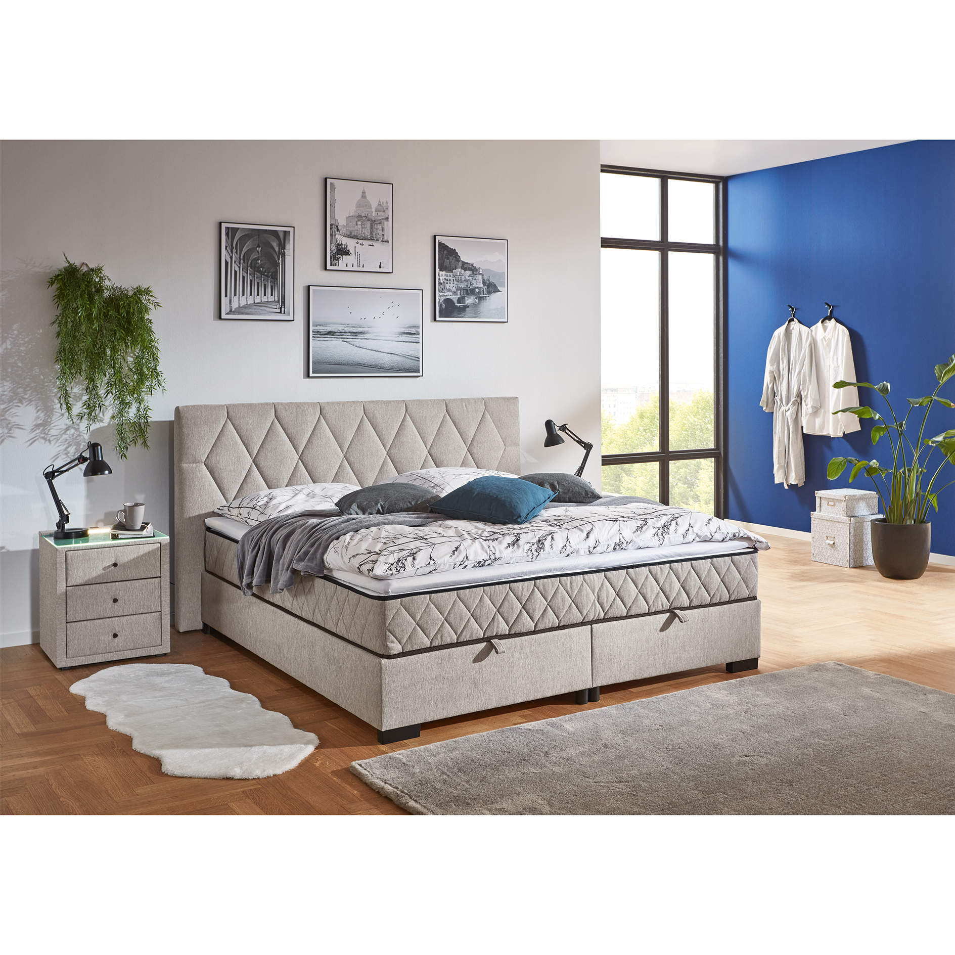 Polsterbett - silber - mit Bettkasten - H2 - 180x200 cm