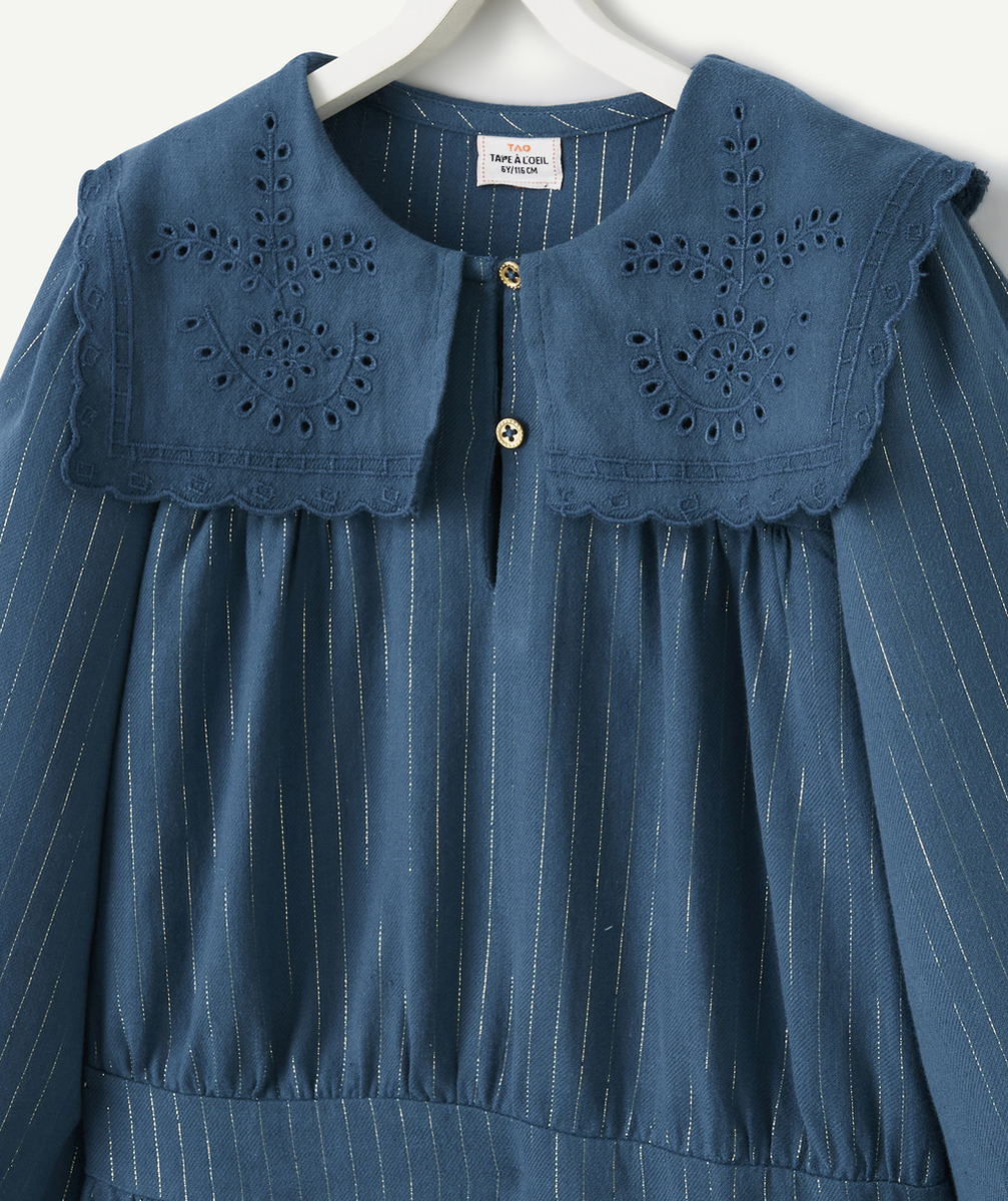 ROBE BLEU CANARD FILLE AVEC GRAND COL ET LISERÉS COULEUR DORÉS