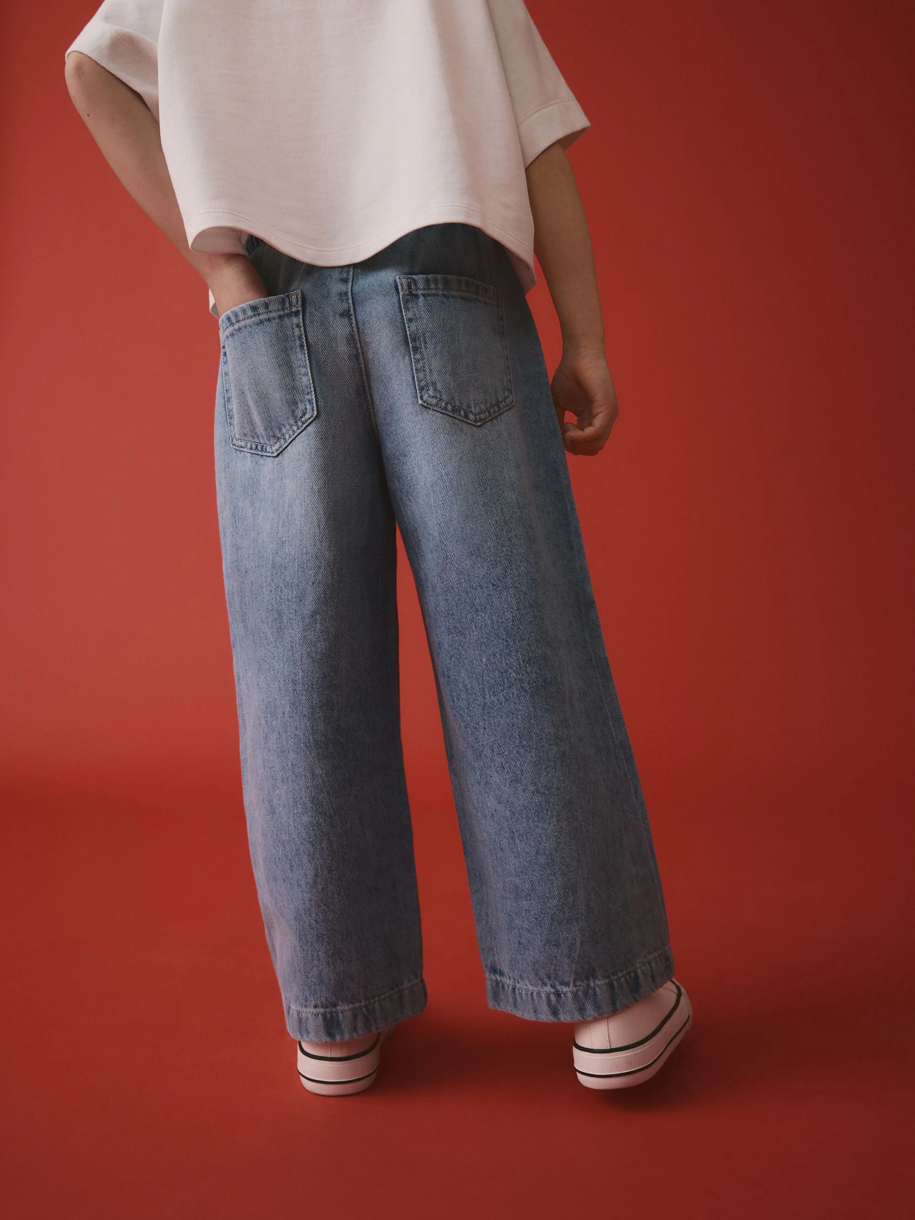 Middenblauw denim - 100% katoenen pull-on jeans met wijde pijpen (3-16jr)